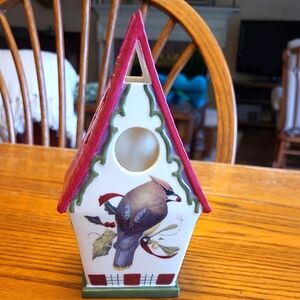Lenox Holiday Decorative Birdhouse Votive with Cedar Wax Wing Bird Design